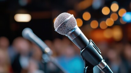 A close-up view of a microphone on stage, equipped and ready for the next speaker or performer, set against a blurred background of an audience and stage lights.