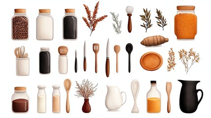 A collection of kitchen items including jars, spoons, and dried herbs, perfect for culinary inspiration and food styling.