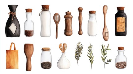 Collection of kitchen utensils, containers, and spices in a rustic style, perfect for culinary and home decor projects.