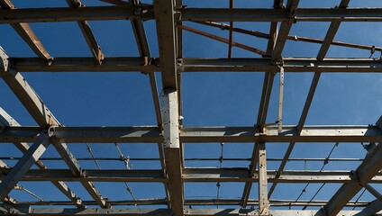 Metal roof structure under a clear blue sky.