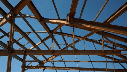 Metal roof structure under a clear blue sky.