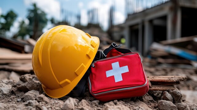 A scene at a construction site with a yellow hard hat and a red first-aid kit bearing a white cross, showcasing commitment to worker safety and emergency response.