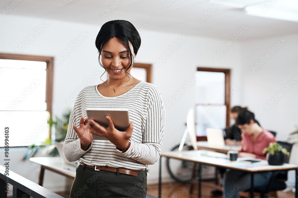 Aufkleber Creative, office and woman with research on tablet for web development, project or communication. Happy, developer and scroll with technology at IT startup for ux planning, info or review of database