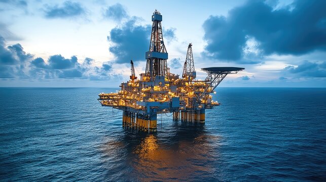 An illuminated offshore oil rig at dusk, standing tall amidst the tranquil ocean, symbolizing energy production and industry.