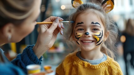 A young girl grins joyfully while receiving artistic face paint, highlighted by animal features, from an unseen hand in a cozy, cheerful setting.