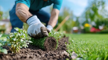 An individual wearing gloves is carefully laying down a fresh roll of sod in a garden bed, preparing it for a new patch of vibrant green grass.