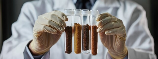 the biologist holds test tubes with soil in his hands. Selective focus