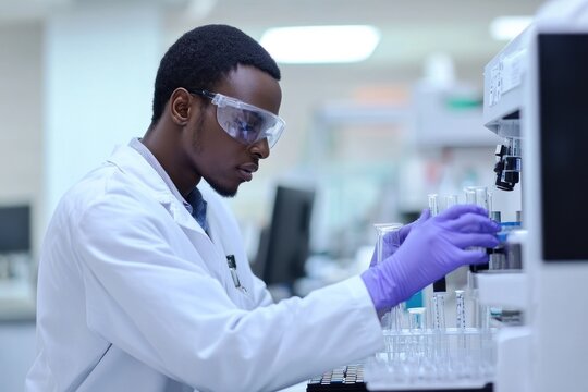 Scientist in Lab Coat Working with Test Tubes and Equipment - Powered by Adobe