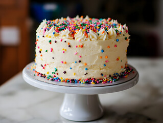 A simple cake with colorful sprinkles for a birthday.



