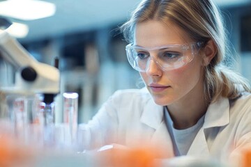 A female scientist in a lab coat and safety goggles focusing on her work.
