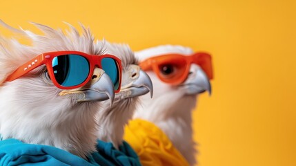 A group of three eagles sporting hoodies and vibrant sunglasses, posing with a modern and cool demeanor against a solid yellow background, radiating confidence and unity.
