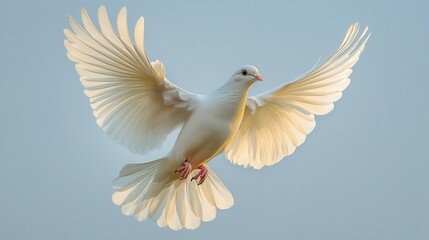 majestic white dove in midflight against clear sky wings fully extended soft feathers catching sunlight symbolizing peace and freedom
