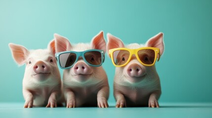 Obraz premium Three piglets lined up side by side, each wearing a different pair of colorful sunglasses against a teal background, creating a playful and trendy scene perfect for stock images.