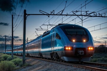 Fototapeta premium A train is traveling down the tracks at night. The train is long and blue. The train is surrounded by power lines