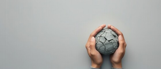 Hands holding Earth with cracks and crumbling pieces, visualizing the fragile state of the environment