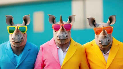Three rhinos dressed in vibrant yellow, pink, and blue suits with matching trendy sunglasses, poses confidently together against a blue background symbolizing stylishness.