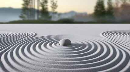 Naklejka premium A single, smooth stone rests in the center of a zen garden, surrounded by concentric circles raked into the white sand. The background features a blurry forest and mountains.