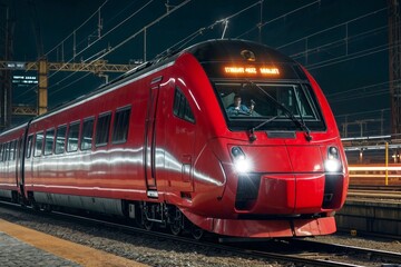 Naklejka premium A red train is traveling down the tracks at night. The train is illuminated by lights, and the windows are tinted. The train is moving quickly, and the lights are on, creating a sense of urgency