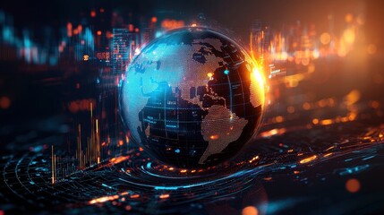 Earth with digital economy graphs swirling around it, global financial system
