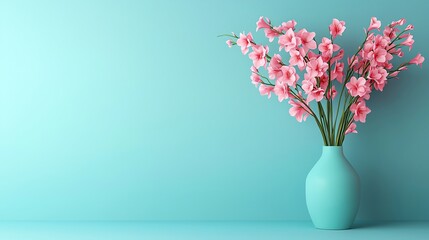 A beautifully arranged bouquet of pink flowers in a turquoise vase against a soft blue background, creating a serene atmosphere.