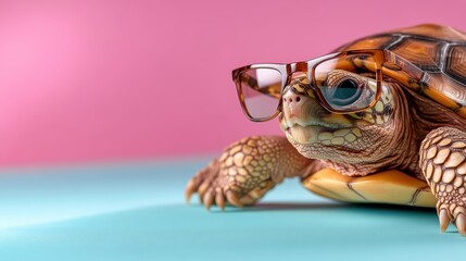 A close-up image of a turtle donning brown eyeglasses, set against a vibrant backdrop of pink and blue, showcasing the adorable and quirky nature of turtles.