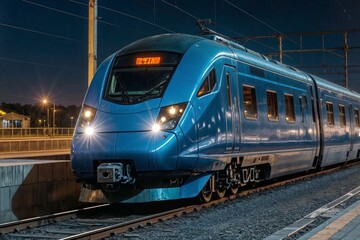 Fototapeta premium A blue train is on the tracks at night. The train is moving and has a bright light on the front