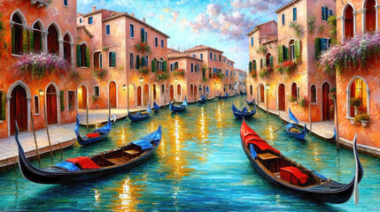 Fototapeta premium Venice canals with gondolas atmospheric landscape, oil painting style illustration