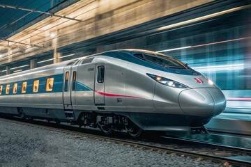 Naklejka premium High-speed silver train is traveling down the tracks with motion blur background. The train is long and sleek, with a bright red stripe on the side. The train is moving quickly