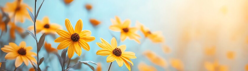 Naklejka premium A serene field of vibrant yellow flowers basking in warm sunlight, creating a cheerful and uplifting atmosphere.