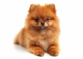 Obraz premium a potrait cute dog puppy golden pomeranian calm sit down looking camera white background AI Generate