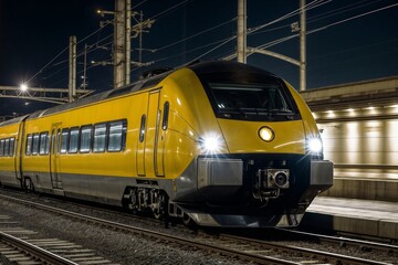 Fototapeta premium A yellow train is on the tracks at night. The train is moving and has lights on. The lights are on to help the train move safely at night