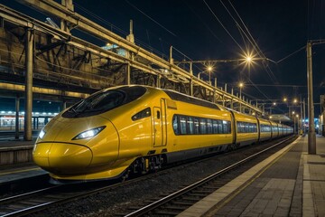 Fototapeta premium High-speed yellow train is on the tracks at night. The train is long and has a bright yellow color. The train is surrounded by a dark background, which creates a sense of mystery and intrigue