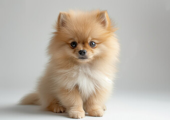 Obraz premium cute a potrait pomeranian calm sit down looking camera grey background AI Generate