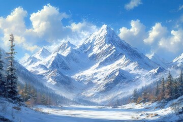 majestic winter landscape snowcapped mountain range pristine white peaks crisp blue sky sunlight glinting off icy surfaces