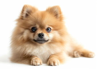 Obraz premium cute golden pomeranian calm sit down poses looking camera white background AI Generate