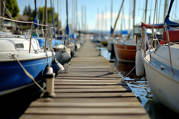 The lines of boats at the docks. Generative AI.