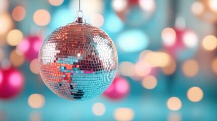 Obraz premium A hanging disco ball reflects light, surrounded by blurred pink and blue festive lights, presenting a lively and vibrant scene ideal for celebrations and parties.