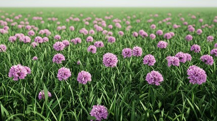A vibrant field of blooming pink flowers surrounded by lush green grass, creating a picturesque and tranquil nature scene.
