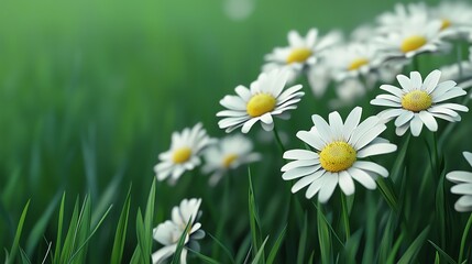Fototapeta premium A vibrant field of daisies blooming amidst lush green grass, symbolizing freshness and natural beauty.