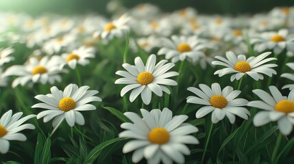Fototapeta premium A vibrant field of daisies blooms in sunlight, showcasing their white petals and yellow centers, evoking a sense of peace and beauty.