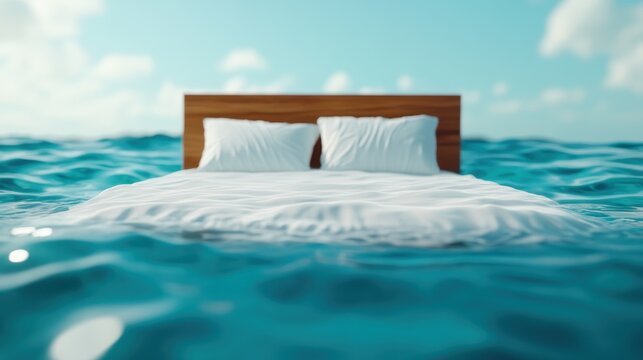 A quilted bed floats gently on the rippling ocean waves, surrounded by a clear blue sky, creating an essence of tranquility and fantasy in the open sea.