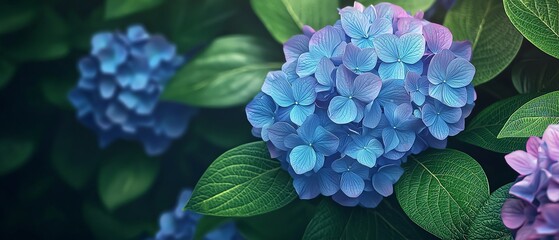 An enchanting close-up of blue hydrangea blooms surrounded by lush green leaves, capturing nature's vibrant beauty.