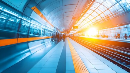 Obraz premium Train station with dynamic perspective and sunlight