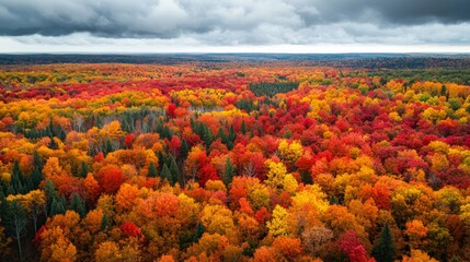 Aerial View of a Forest in Vivid Autumn Colors