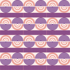 Seamless geometric pattern with purple circles and wavy lines on a white background 