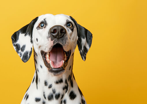 close up of a dog cute dalmatian open mouth looking camera yellow background AI generate