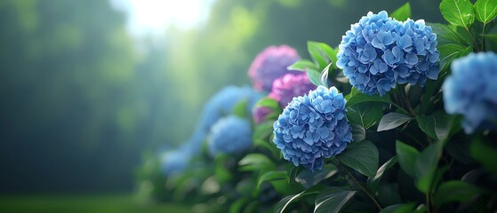 Delicate hydrangeas bloom vibrantly in a serene garden, showcasing shades of blue and pink against a lush green backdrop.