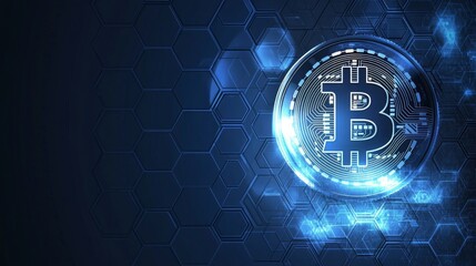 Bitcoin symbol on hexagon background representing cryptocurrency and digital wallets in the evolving blockchain landscape of technological progress and innovation. Financial revolution concept