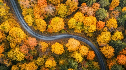Aerial View of a Winding Road Through a Forest of Autumn Trees