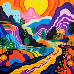 Silkscreen printing, retro groovy trippy psychedelic poster art. House and hill landscape around it